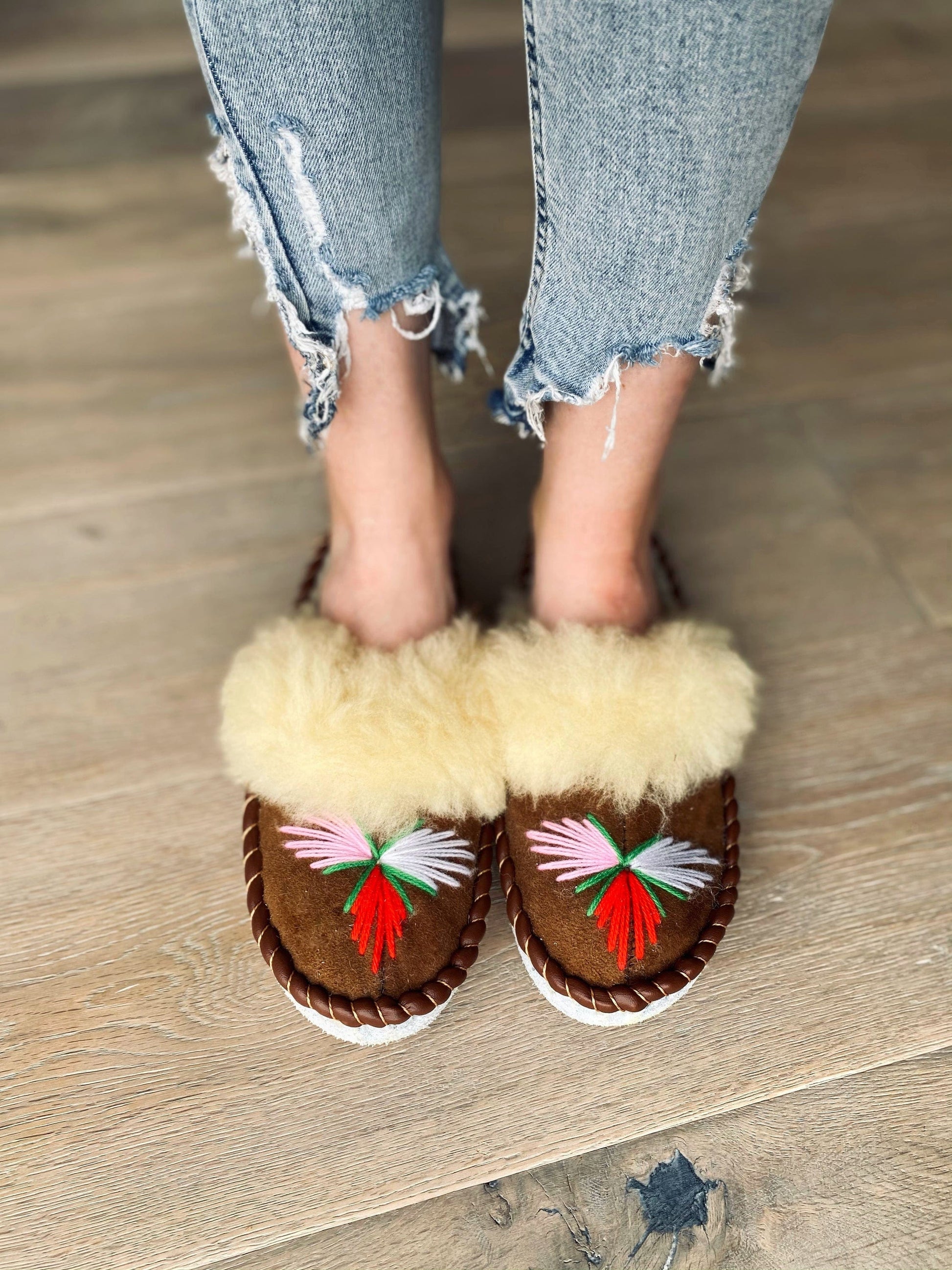 Erin Thalassa Slippers Natural Fur Brown Range Embroidered Slip on Slippers Lucky Dip