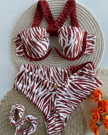 Raspberry Eurybia Swimwear Trim Halter Bikini Set