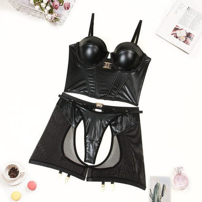 Rose Iphigenia Lingerie S / Black Leather Body Shaping Sling Underwear Three Piece Set