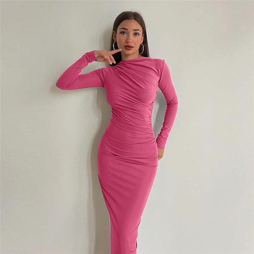 Rose Iphigenia Women's Dress L / Coral Red Round Neck Long Sleeve Slim Sheath Solid Dress