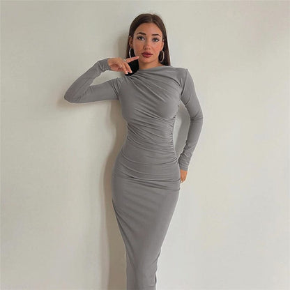 Rose Iphigenia Women's Dress Round Neck Long Sleeve Slim Sheath Solid Dress