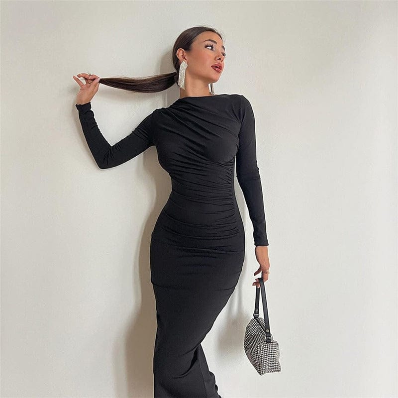 Round Neck Long Sleeve Slim Sheath Solid Dress