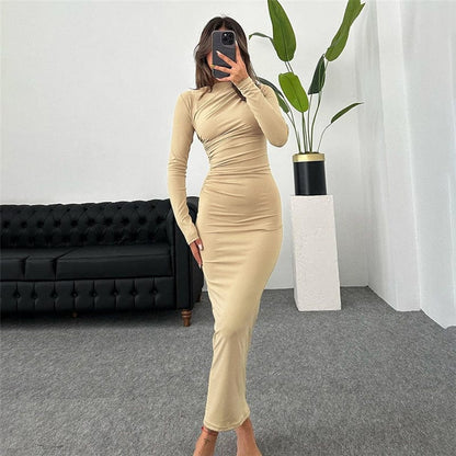 Rose Iphigenia Women's Dress Round Neck Long Sleeve Slim Sheath Solid Dress