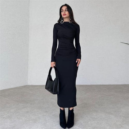 Rose Iphigenia Women's Dress S / Black Round Neck Long Sleeve Slim Sheath Solid Dress