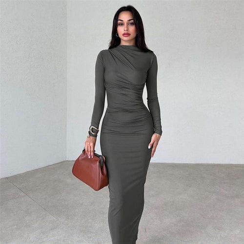 Rose Iphigenia Women's Dress S / Dark Grey Round Neck Long Sleeve Slim Sheath Solid Dress