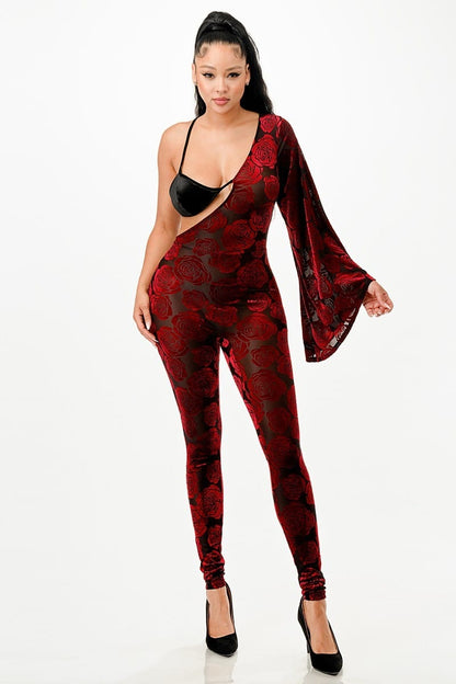 Rose Iphigenia Women's Jumpsuit Velvet Flocking Jumpsuit/Bell Sleeve