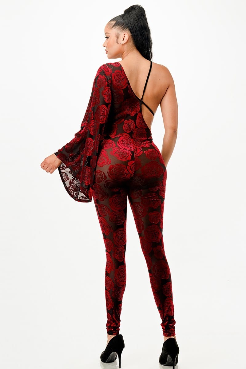 Rose Iphigenia Women's Jumpsuit Velvet Flocking Jumpsuit/Bell Sleeve